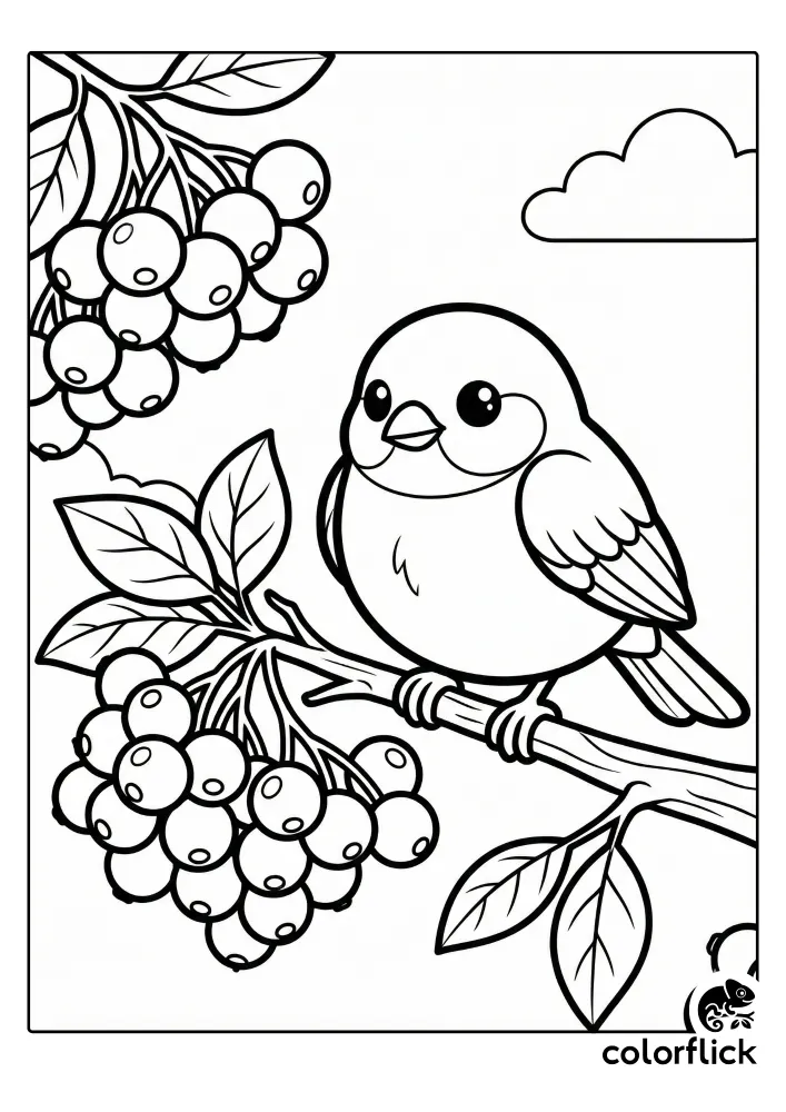 A black and white coloring page illustration showing a cute cartoon finch perched on a tree branch next to large clusters of ripe berries and leaves.