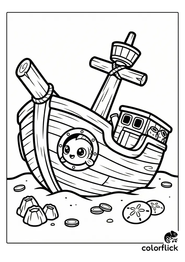 A cute, wide-eyed chibi fish peeks out from a round porthole window of a small, sunken wooden shipwreck resting on the sandy ocean floor, surrounded by sand dollars and barnacles.