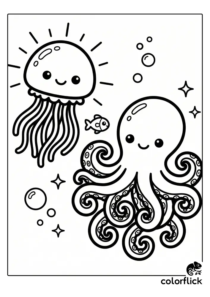 A cute chibi coloring page featuring a smiling jellyfish emitting light, a cheerful octopus with tightly curled tentacles, and a tiny fish swimming together among bubbles and sparkles.