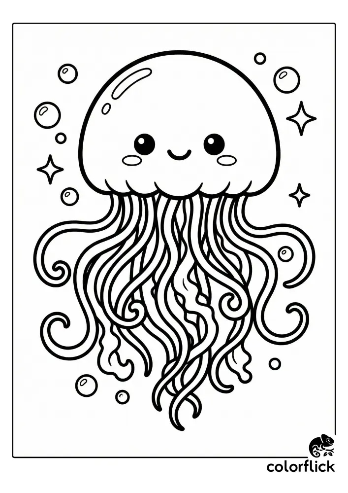A cute coloring page illustration of a smiling jellyfish with long, curly tentacles surrounded by bubbles and sparkles.