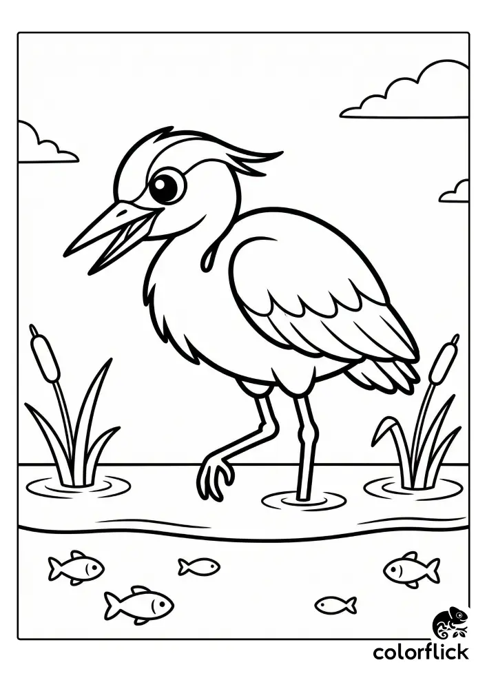 A cute, cartoon heron with large eyes stands in shallow pond water surrounded by reeds, looking down at small fish swimming below the surface.