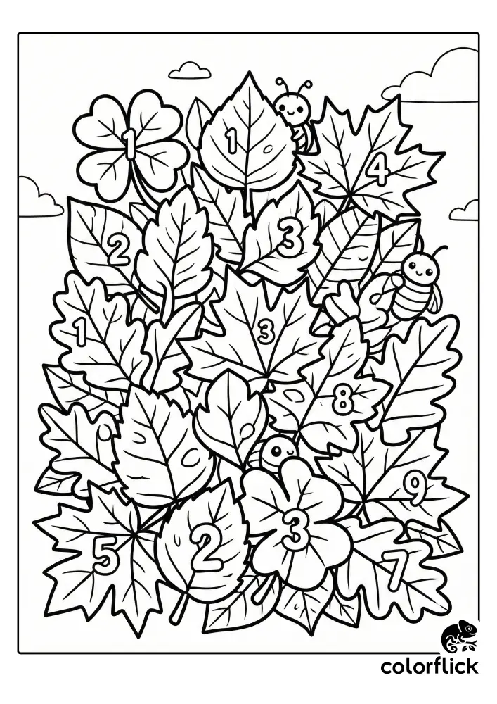 A fun coloring page featuring a pile of various leaves with numbers 1 to 9 hidden among them for a counting game, along with small cute bugs.