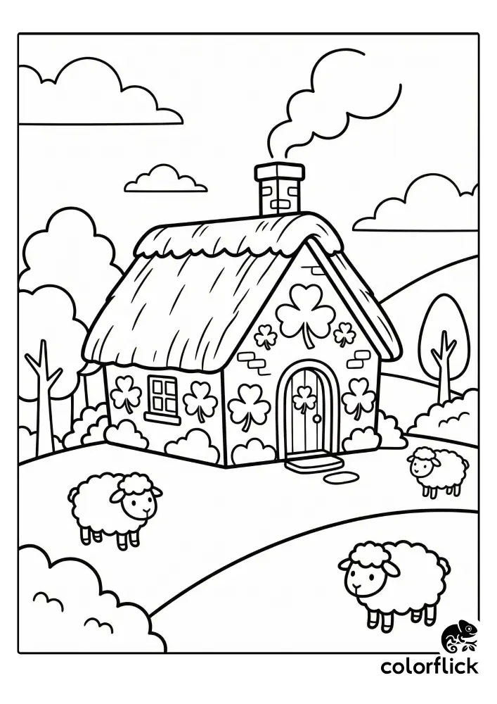 A printable coloring page of a charming Irish cottage with a thatched roof, covered in shamrock decorations, on a rolling hill with three sheep.