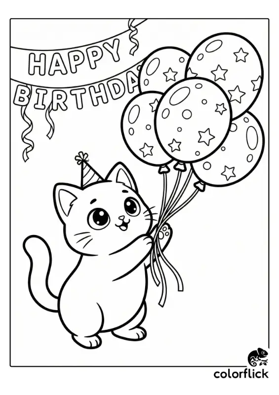 A black and white coloring page illustration of an adorable kitten wearing a party hat, holding a cluster of star-patterned balloons with a "Happy Birthday" banner and streamers in the background.