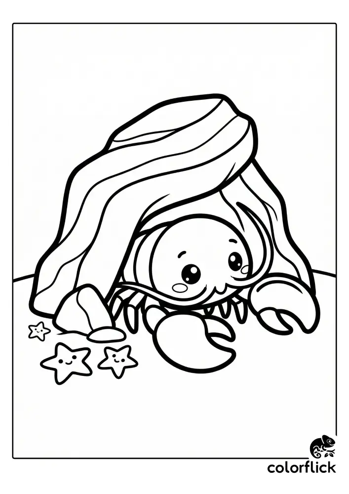 A cute chibi lobster with expressive eyes peeks out from hiding under a large rock ledge, alongside three small smiling starfish on the sand in this black and white coloring page illustration.