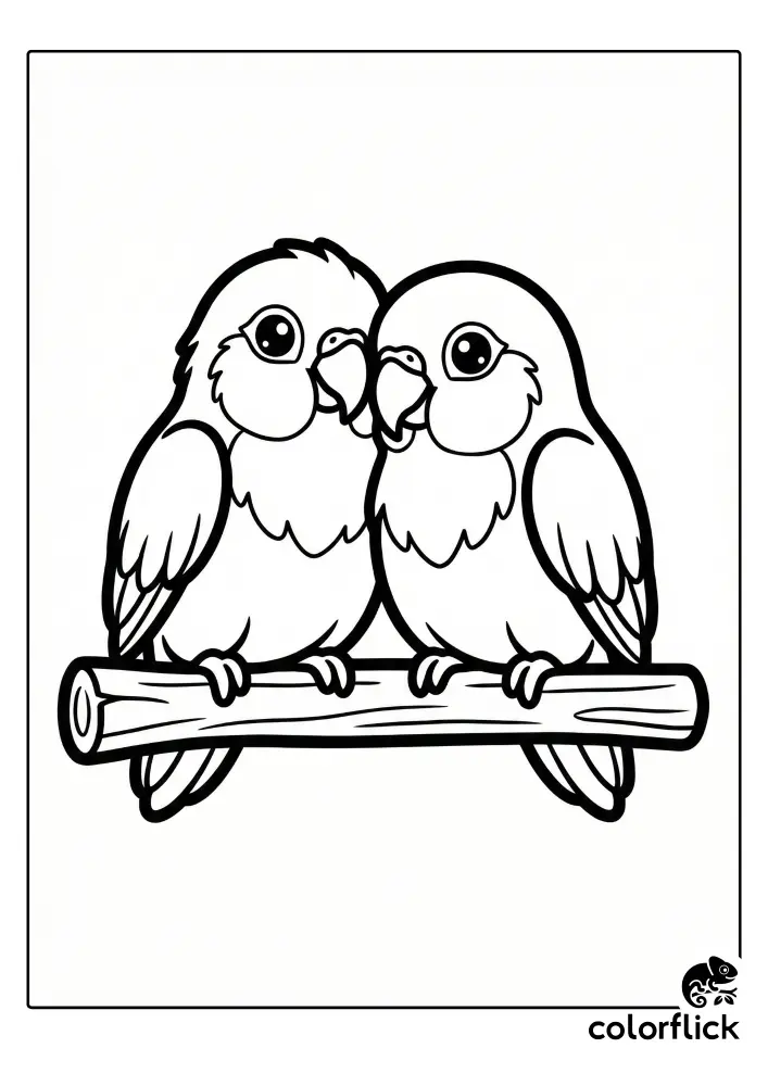 A cute coloring page showing a pair of cartoon lovebirds sitting happily side-by-side on a wooden branch.