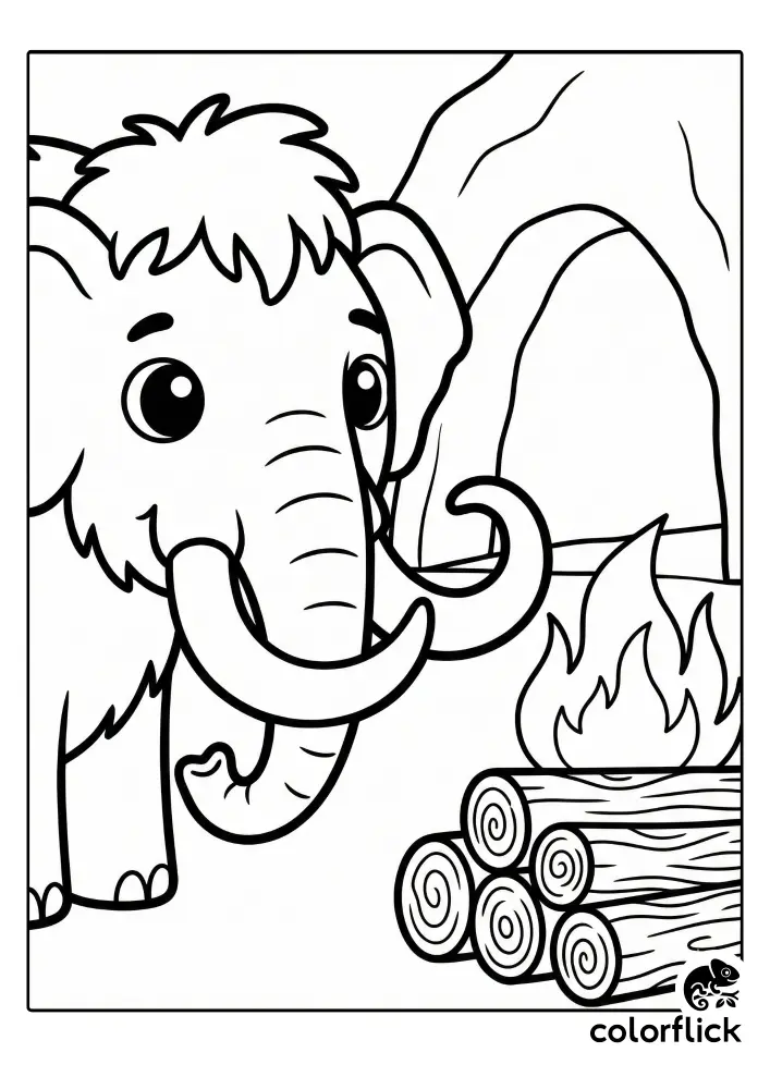 A printable coloring page featuring a cute woolly mammoth with large tusks standing next to a campfire and a cave entrance.