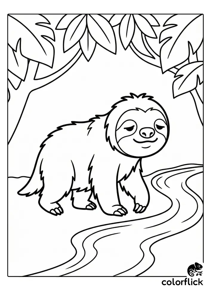 A printable coloring page illustration showing a cute, smiling giant ground sloth walking slowly next to a winding river under a canopy of large tropical leaves.