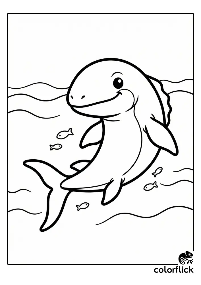 A friendly, smiling chibi Mosasaurus swims through the water, surrounded by tiny fish in this black and white coloring page illustration.