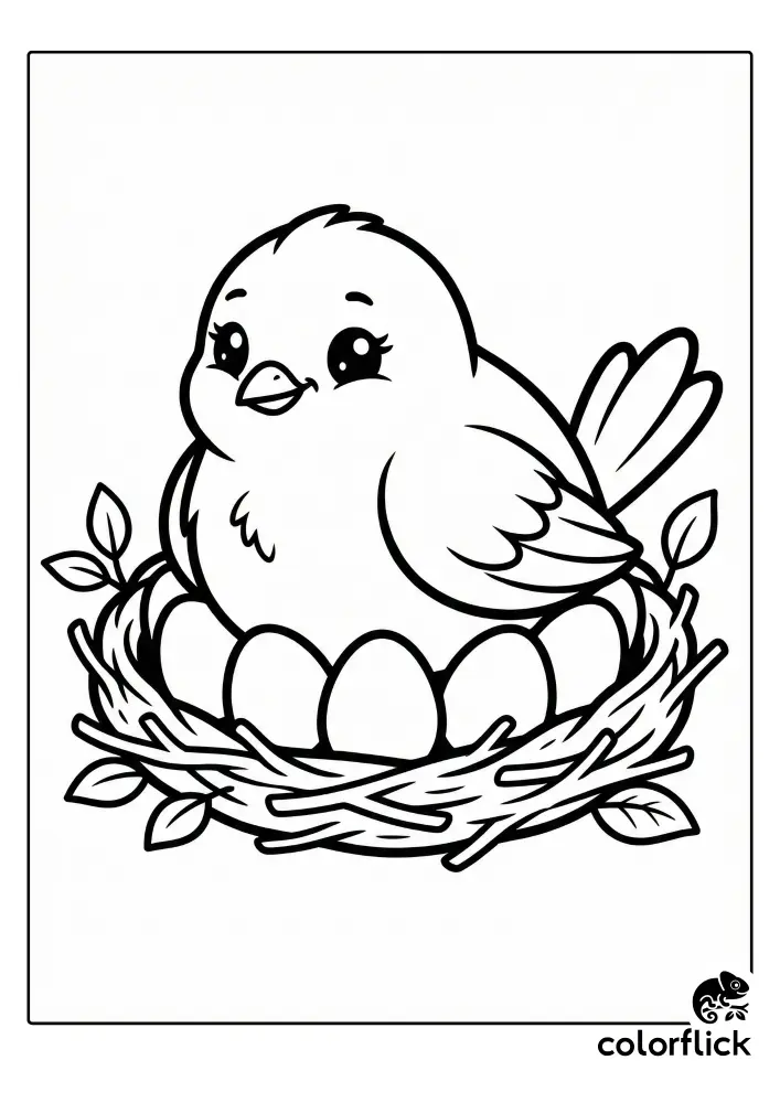A black and white coloring page illustration showing a cute mother bird sitting happily in her nest, keeping her clutch of eggs warm.