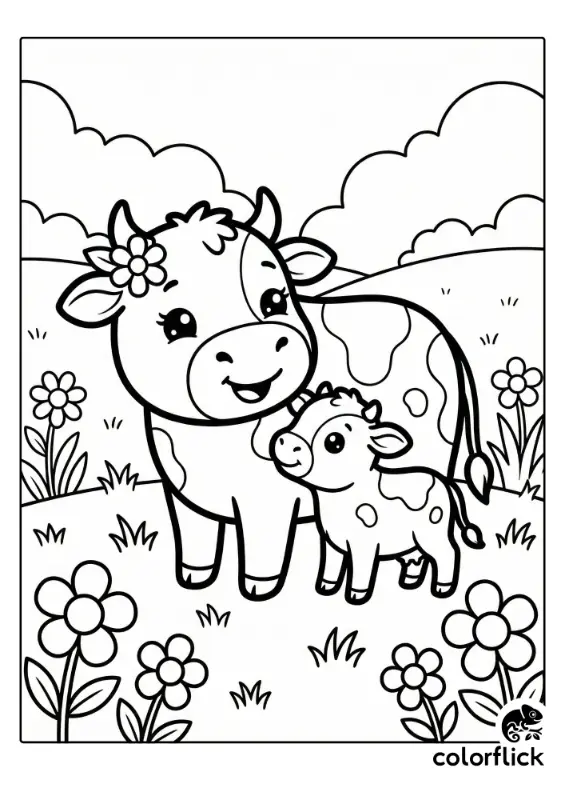 A coloring page illustration showing a smiling mother cow with a flower in her hair standing next to her cute newborn calf in a field full of flowers under a cloudy sky.