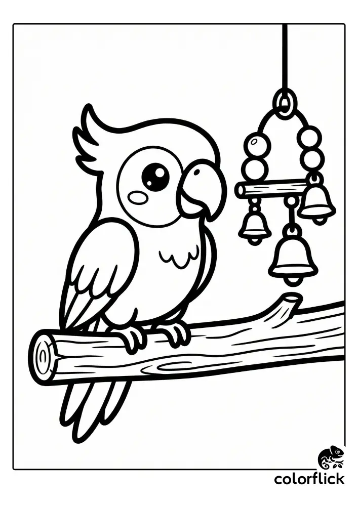 A cute coloring page showing a cartoon parrot sitting on a wooden branch next to a hanging toy with bells.