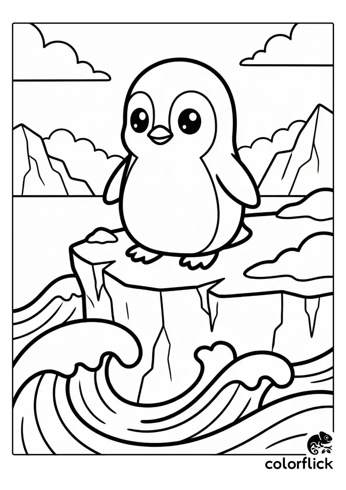 A cute, cartoon penguin with big eyes stands on a frozen ice ledge above crashing ocean waves in this black and white coloring page illustration.