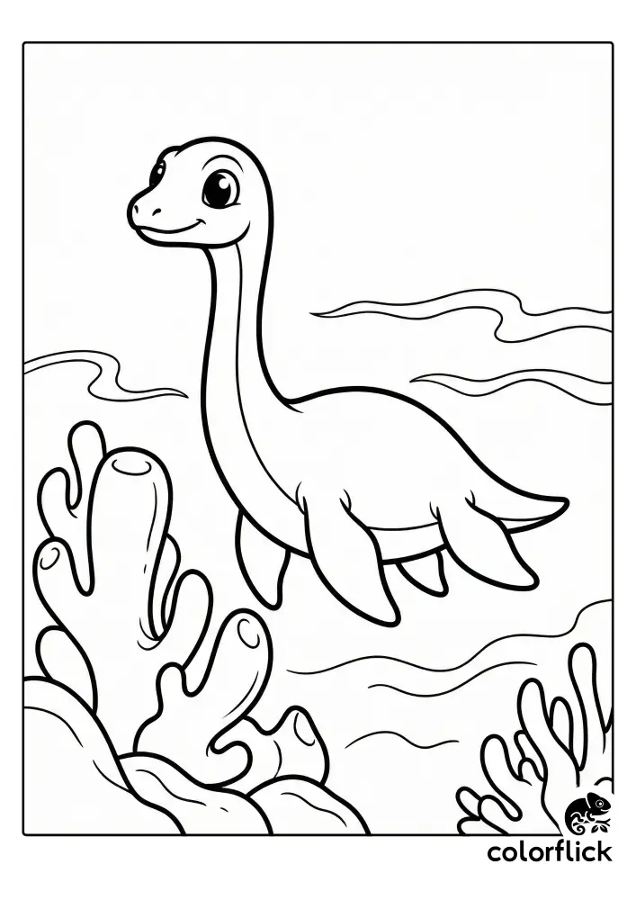 A cute chibi Plesiosaur with a long neck swims gracefully past coral-like plants on the ocean floor in this black and white coloring page.