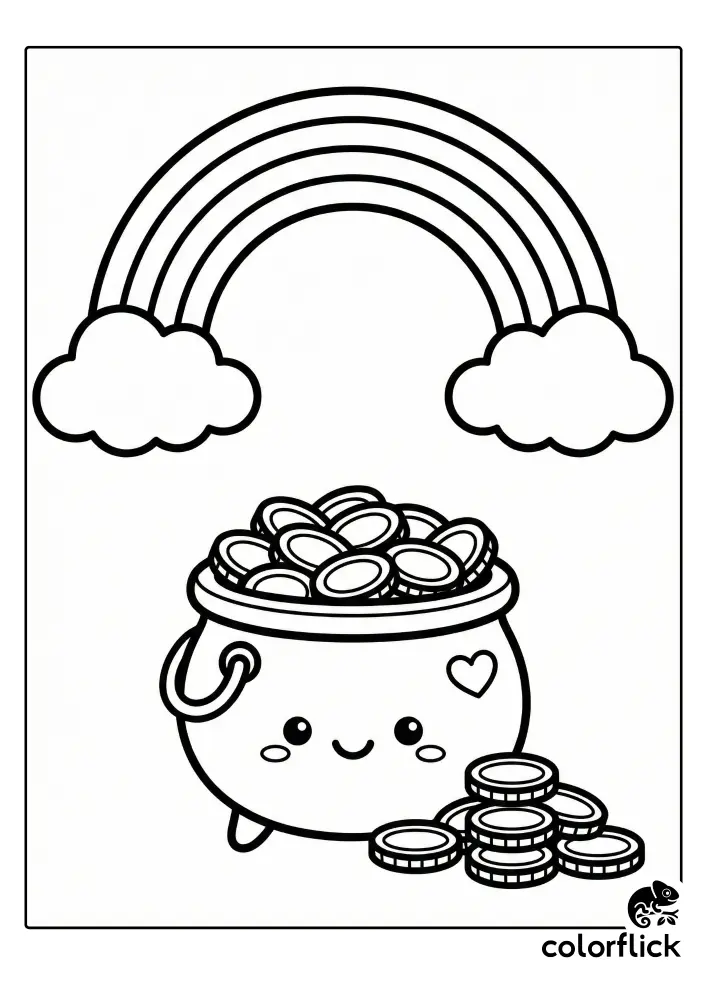 A black and white coloring page of a cute, smiling pot overflowing with gold coins, with a simple rainbow arching between two clouds above it.