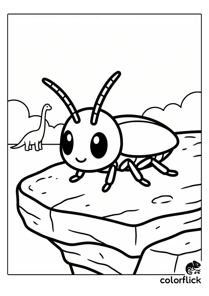 A printable coloring page illustration of a cute cartoon prehistoric cockroach crawling on a rock ledge with a small dinosaur silhouette in the background.