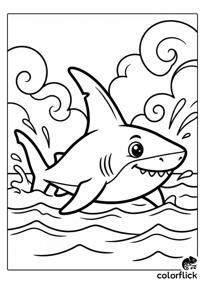 A printable coloring page showing a friendly, cartoon prehistoric shark with a big smile leaping out of the ocean waves, creating splashes under swirling clouds.
