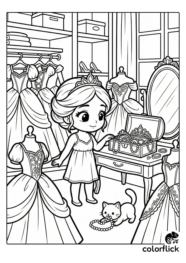 A cute chibi princess selects jewelry from an open box at a vanity in a lavish dressing room filled with royal ballgowns on mannequins, while a small cat plays with pearls on the floor in this coloring page illustration.