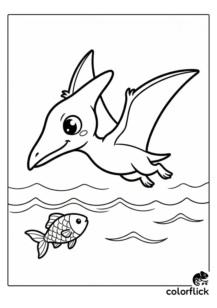 A cute chibi Pteranodon flying over the ocean waves with a small fish swimming below in a coloring page illustration.