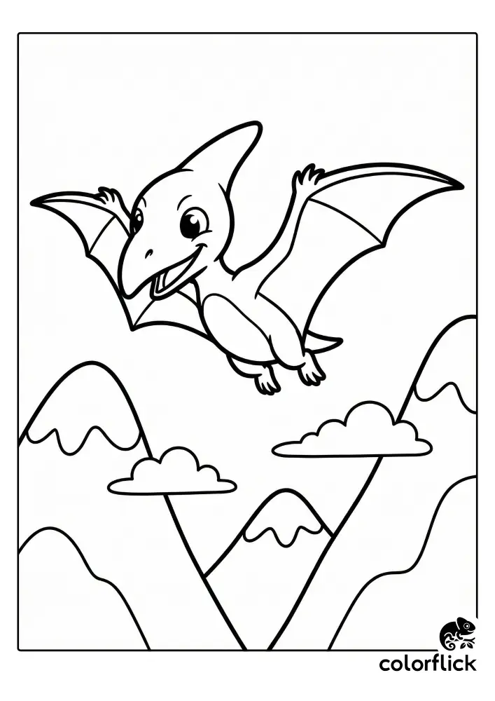 A cheerful chibi Pterodactyl soaring high above mountain peaks and clouds in this children's coloring page illustration.