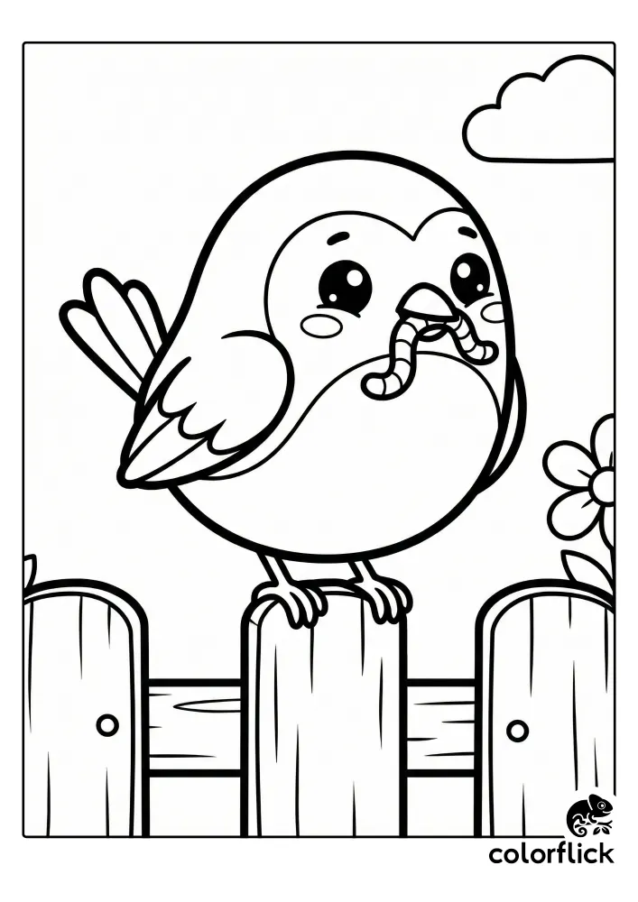 A black and white coloring page illustration showing a cheerful cartoon robin perched on a wooden garden fence, holding a small worm in its beak.
