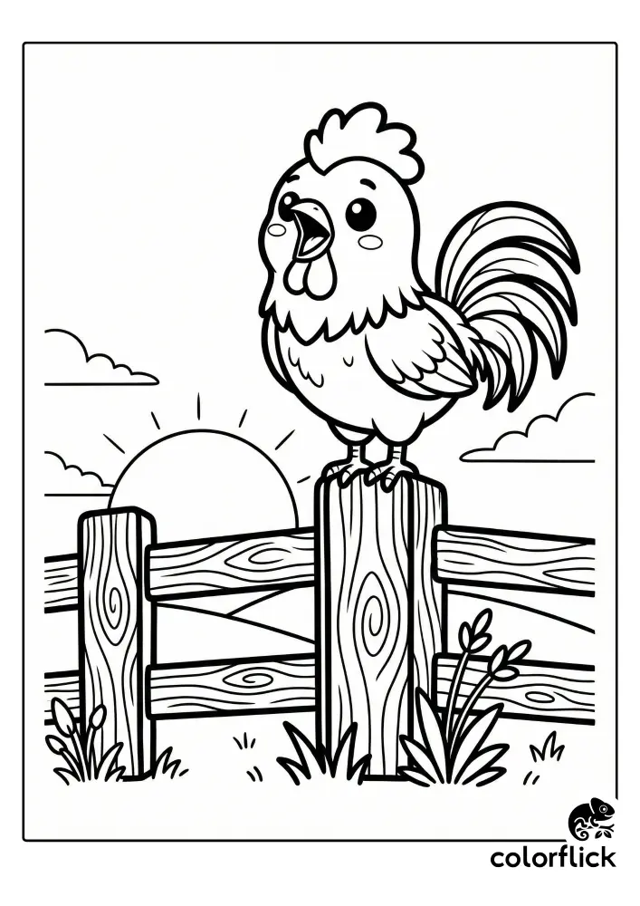 A cute, cartoon rooster with a wide-open beak is crowing from the top of a wooden fence post as the sun rises over rolling hills in this children's coloring page.