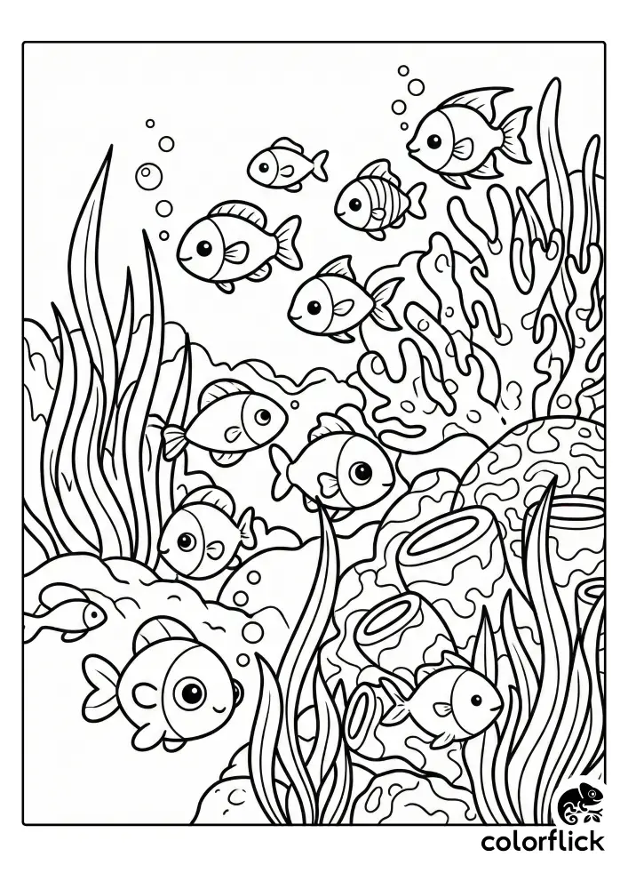 A fun coloring page illustration of a school of cute, varied fish swimming through a coral reef with sea plants and bubbles.