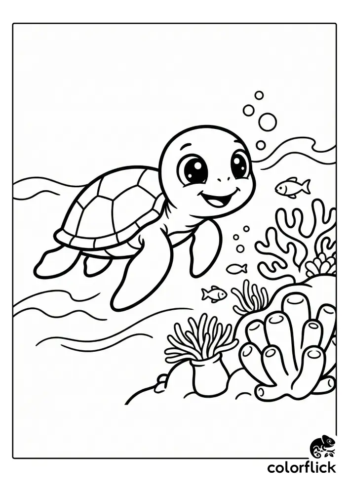 A cute coloring page illustration of a smiling sea turtle swimming past a vibrant coral reef filled with small fish and bubbles.