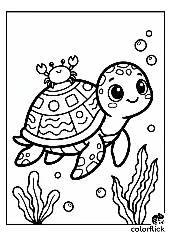 A cute, chibi-style coloring page showing a smiling sea turtle with a patterned shell swimming underwater. A tiny, cheerful crab is perched on the turtle's back, surrounded by bubbles and seaweed.