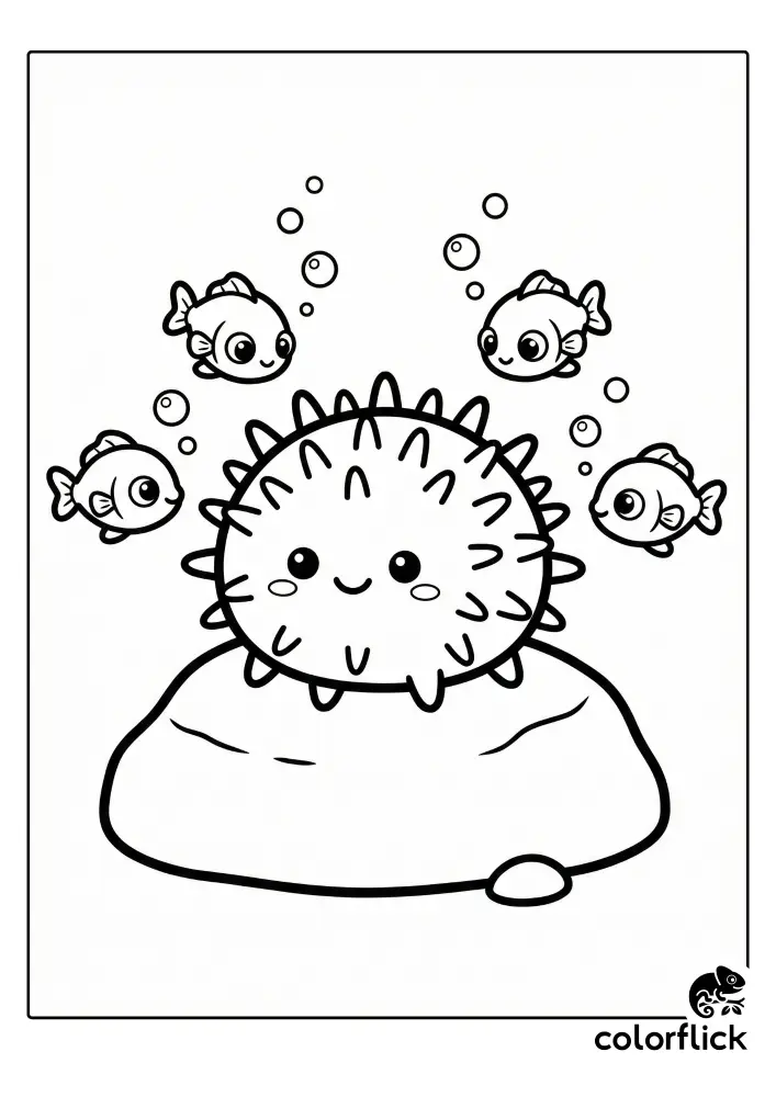 A cute, smiling sea urchin sits on a large rock, surrounded by four small, curious fish and bubbles in this black and white coloring page illustration.