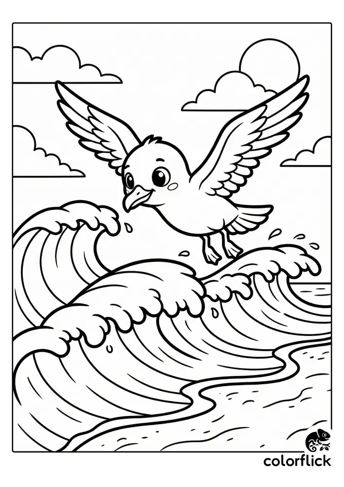 A cute cartoon seagull with wings spread is flying low over big ocean waves crashing onto the shore in this coloring page illustration.