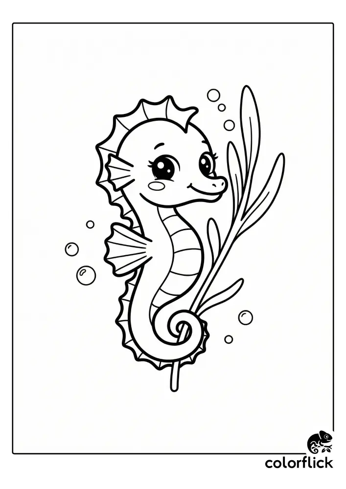 A cute coloring page illustration of a smiling seahorse with its curled tail wrapped around a thin sea plant stalk, surrounded by bubbles.