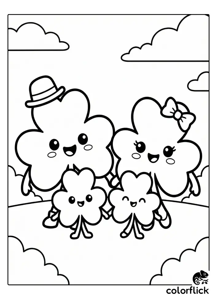 A printable coloring page featuring a cute family of four anthropomorphic shamrocks—a mom with a bow, a dad with a hat, and two kids—holding hands under fluffy clouds.