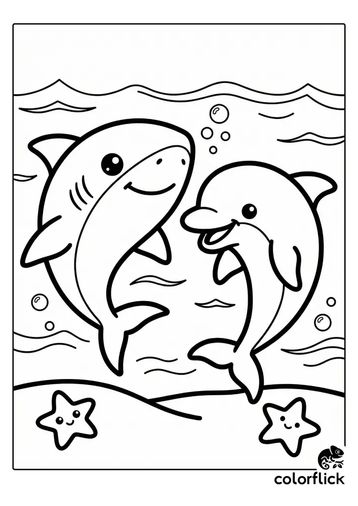 A cheerful chibi coloring page featuring a friendly shark and a smiling dolphin swimming side-by-side underwater above two cute starfish.