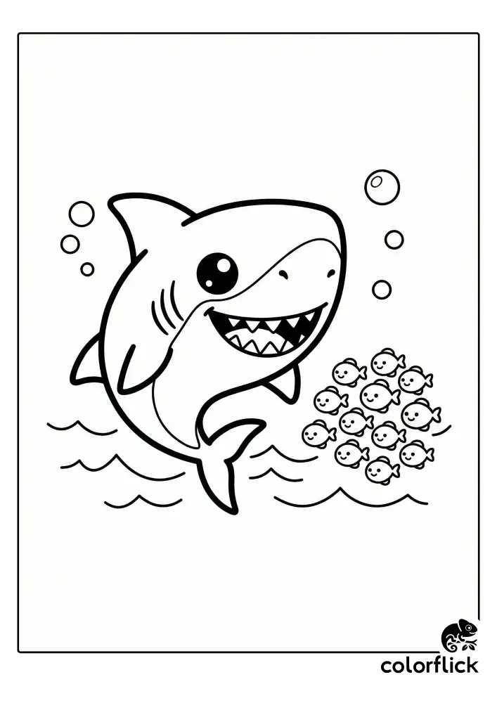 A cute coloring page illustration of a friendly cartoon shark with a big smile swimming next to a school of small, happy fish.