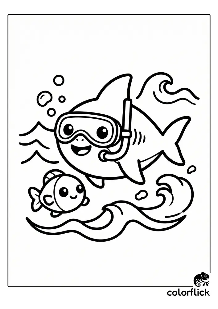 A fun coloring page illustration showing a happy cartoon shark wearing a snorkel mask and swimming alongside a smiling little fish friend in the ocean.