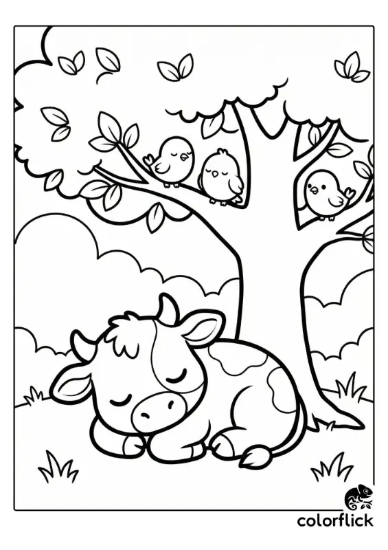 A coloring page illustration showing a peaceful chibi calf sleeping curled up under a large tree with three little birds perched on the branches.