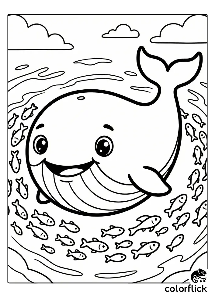 A cheerful chibi coloring page showing a large, smiling whale happily swimming surrounded by a swirling school of small fish under cloudy skies.