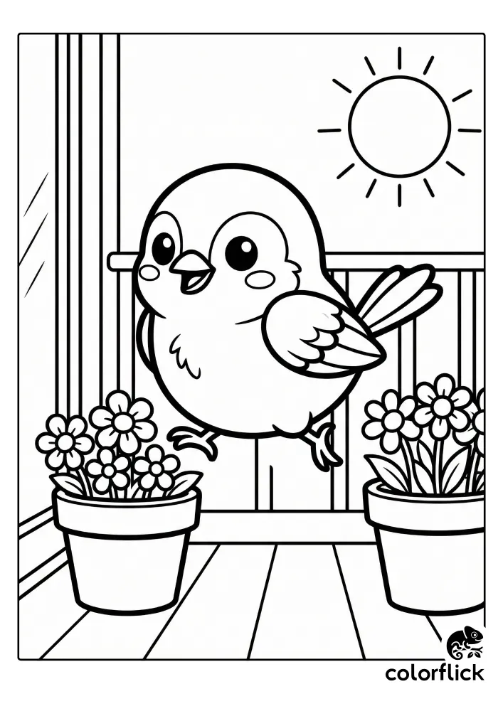 A black and white coloring page showing a cheerful cartoon sparrow hopping between two potted plants on a sunny balcony deck.