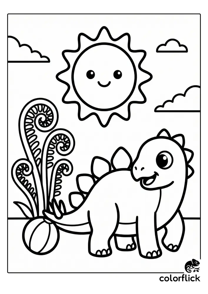 A printable coloring page illustration of a happy cartoon Stegosaurus playing with a ball near ferns under a smiling sun.