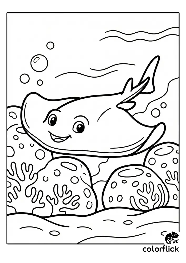 A printable coloring page illustration of a friendly, smiling stingray gliding near coral reef rocks and bubbles on the ocean floor.