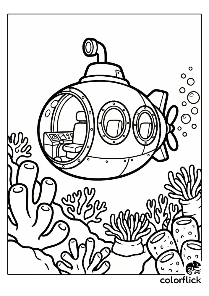 A black and white coloring page featuring a cute cartoon submarine with large round windows exploring a coral reef environment with bubbles rising.