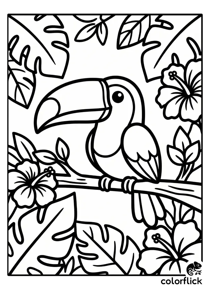 A cute coloring page illustration of a toucan perched on a branch surrounded by large jungle leaves and tropical hibiscus flowers.