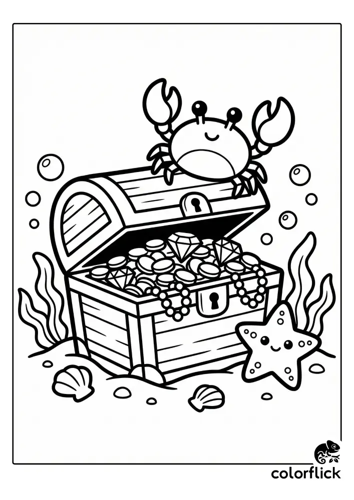 A cute chibi coloring page showing an open treasure chest filled with gold coins and jewels, guarded by a smiling crab on top and a happy starfish on the sandy ocean floor.