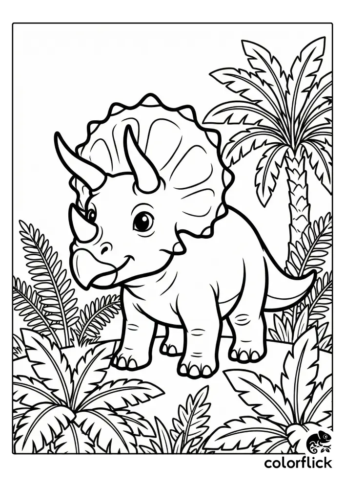 A black and white coloring page of a cute, smiling baby Triceratops standing amongst prehistoric fern plants and a palm tree.