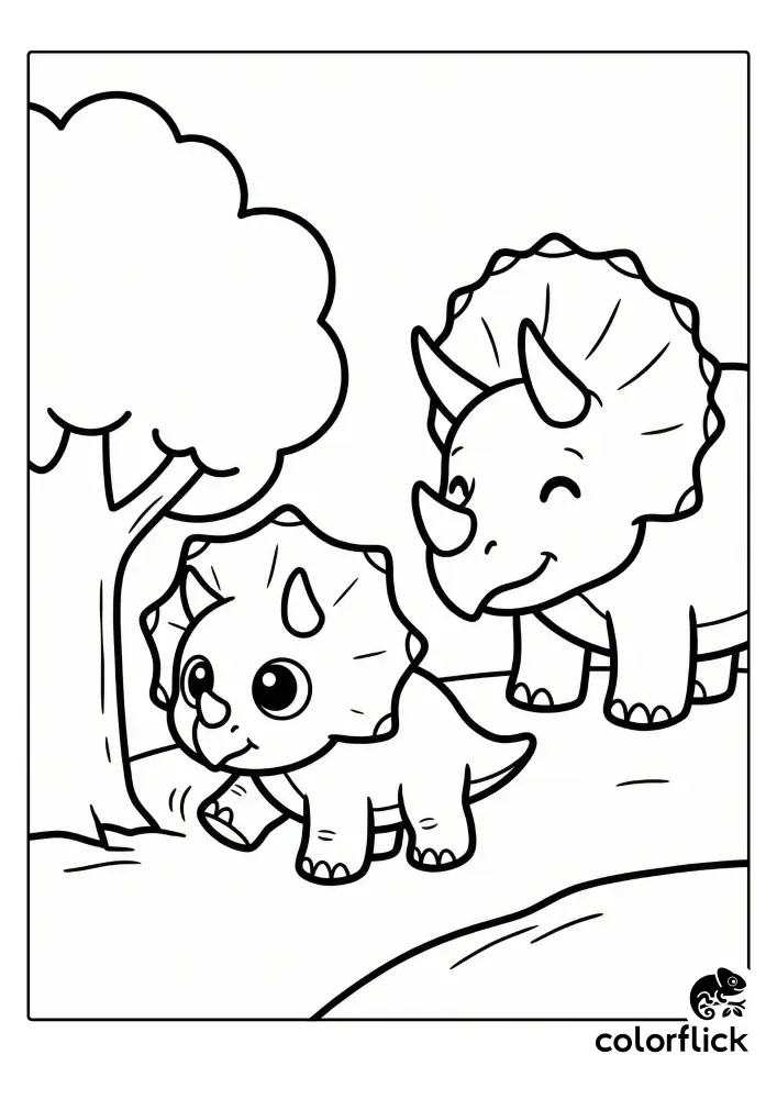 A cute baby Triceratops walks by a tree while its smiling parent watches in the background, in this black and white coloring page illustration.