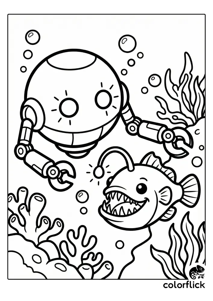 A cute black and white coloring page showing a spherical underwater robot with mechanical arms exploring near a smiling deep-sea anglerfish among coral and seaweed.