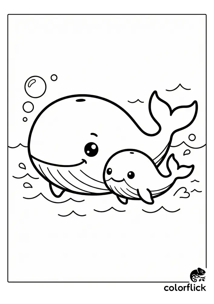 A cute coloring page showing a smiling mother whale swimming with her baby calf in the ocean.