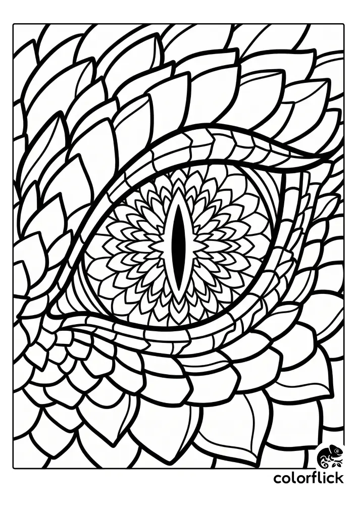 A highly detailed, geometric line art illustration of a dragon's eye surrounded by radiating scale patterns, perfect for coloring.