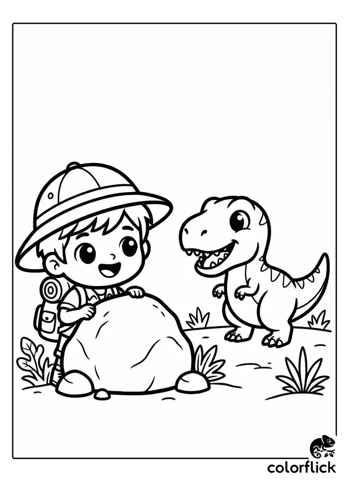 A coloring page showing a young boy in an explorer hat and backpack peeking out from behind a large rock to see a cute, smiling baby T-Rex dinosaur.